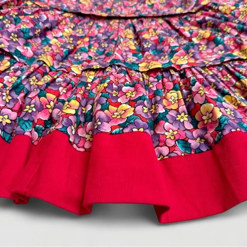 RARE Vintage Petals San Francisco Corduroy Floral Dress Red Collar Girls Size 6